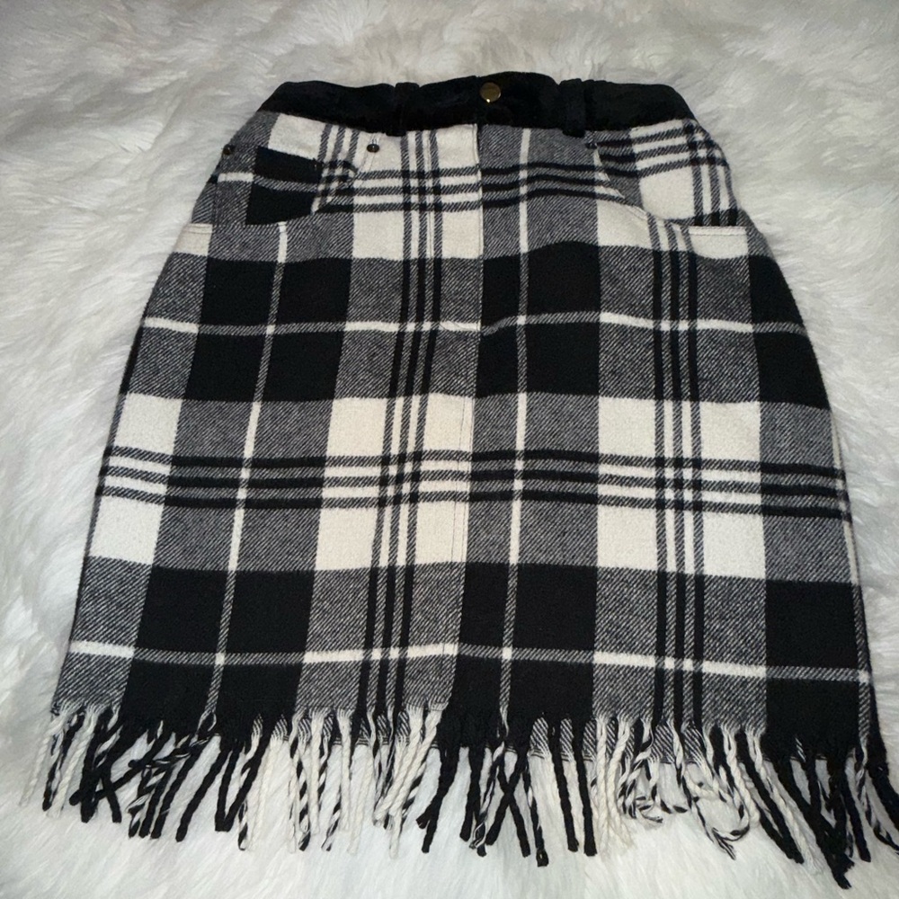 Express Black and White Checkered Fringe Skirt